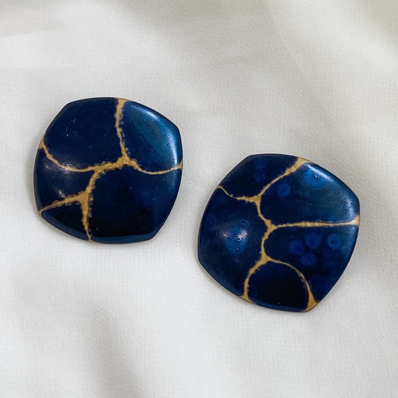 VTG Navy Gold Crackle Metal Earrings - Picture 1 of 7
